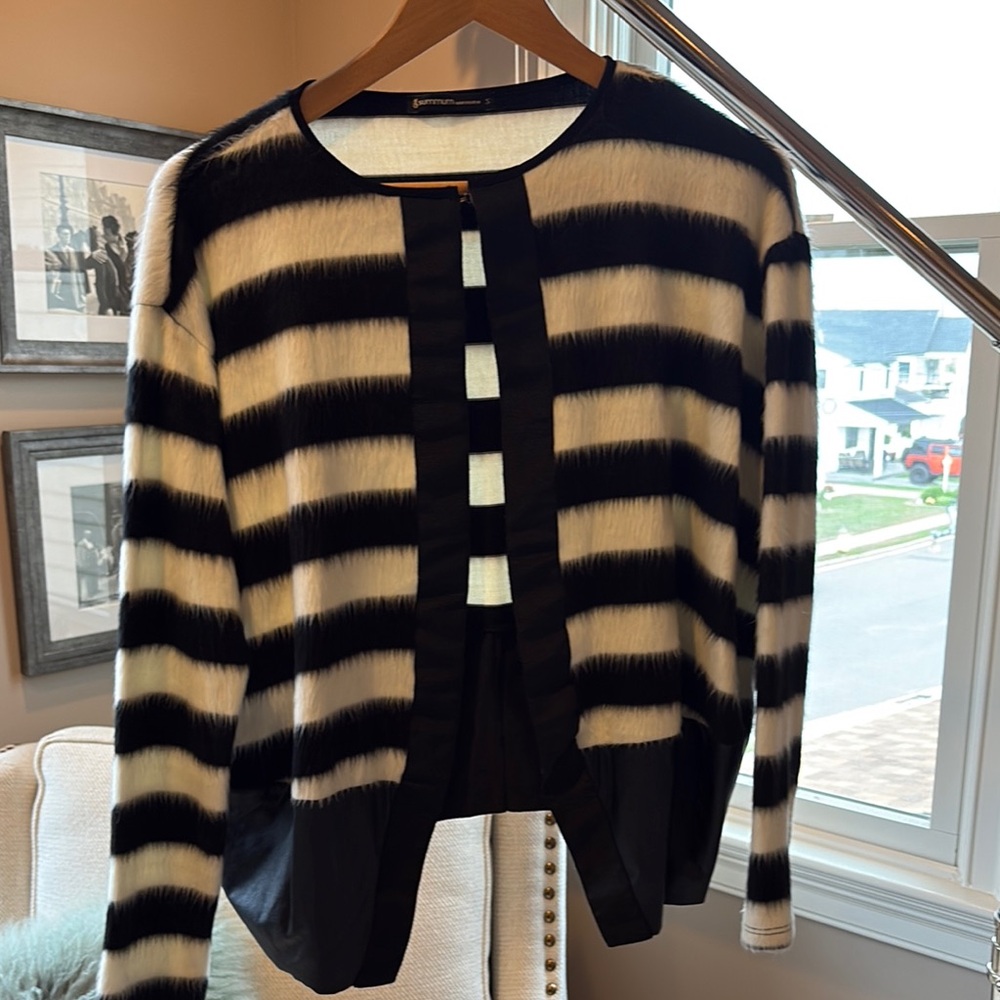 Black and White Sexy Fur Cardigan Sweater with faux leather band